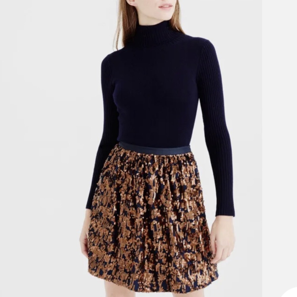 NWT J Crew Sequins Flare Skirt Size 2 Navy W/ Copper Sequins